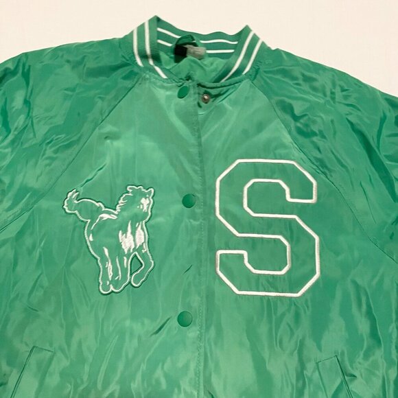 H&M Divided College Varsity Jacket Green White Sunset Valley Mustang Mens XS - Picture 2 of 16